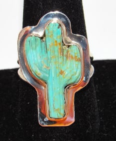 Navajo Turquoise Cactus Ring Size 7.5 Sterling Silver Native American Signed