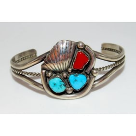 Old Pawn Zuni Bracelet Turquoise Coral Sterling Silver Simplicio Family