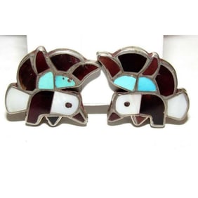 Old Pawn Zuni Eagle Inlay Clip Earrings Sterling Silver Turquoise MOP Jet