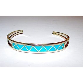 Zuni Turquoise Inlay Stacker Cuff Bracelet Sterling Haloo