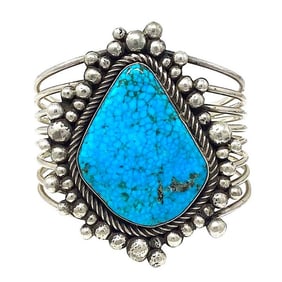 VTG Huge Navajo Sterling Spiderweb Kingman Turquoise Statement Cuff Bracelet 7"
