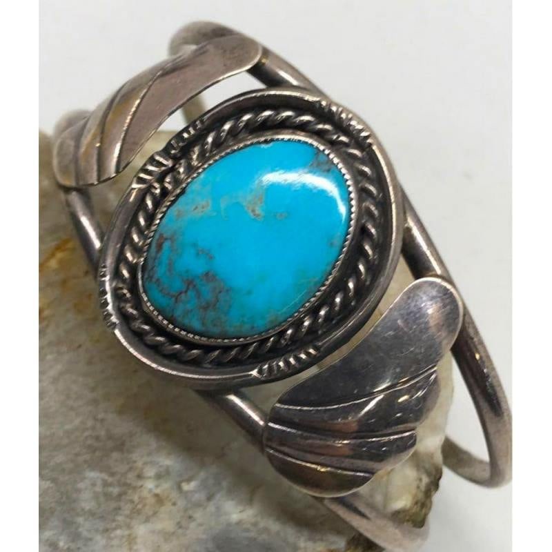 Old Pawn Navajo Turquoise Cuff Bracelet Sterling Silver Old Pawn Blossom Design (1 of 5)