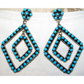 VTG Zuni Snake Eye Turquoise Dangle Earrings Sterling Silver Native American