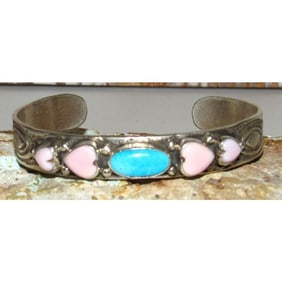 Navajo Pink Conch Hearts & Turquoise Bracelet Stacker Sterling G. Jones