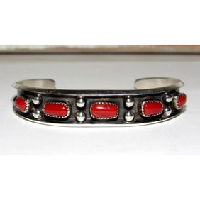 Navajo Mediterranean Coral Stacker Cuff Bracelet Sterling Silver Native American