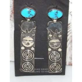 Navajo Alex Sanchez Petroglyph Dangle Earrings Sterling Turquoise 3"