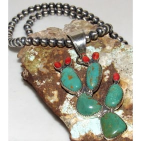 Navajo Prickly Pear Cactus Pendant Sterling Turquoise Red Spiny Navajo Pearls