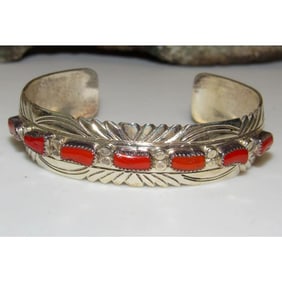 VTG Navajo Mediterranean Coral Cuff Cluster Bracelet Sterling Silver