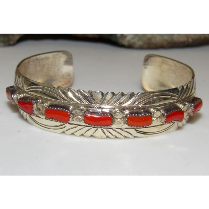 VTG Navajo Mediterranean Coral Cuff Cluster Bracelet Sterling Silver (1 of 6)