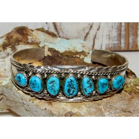Navajo Kingman Turquoise Cluster Cuff Bracelet A.Chapo Sterling Silver