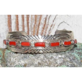 Navajo Mediterranean Coral Cuff Cluster Bracelet Sterling Silver Signed