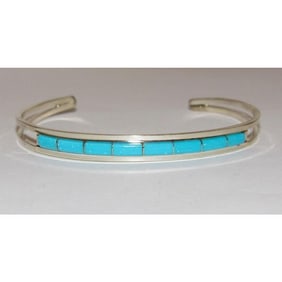Zuni Turquoise Inlay Stacker Cuff Bracelet Sterling A. Wallace