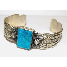 Navajo Kingman Turquoise Cuff Bracelet Ingot Sterling Silver V Cayatineto