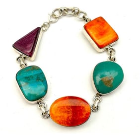 Navajo Turquoise Orange Purple Spiny Adjustable Link Bracelet Sterling J. Yazzie
