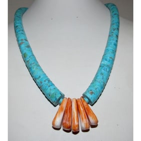 Santo Domingo Kingman Turquoise Orange Spiny Heishi Necklace Lupe Lovato
