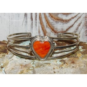 Navajo Orange Spiny Heart Bracelet Stacker Sterling Silver Cuff P. Skeets