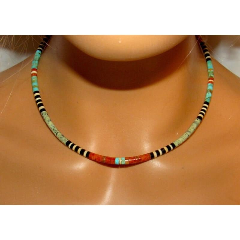 Santo Domingo Rolled Shell Orange Spiny & Turquoise Heishi Choker Necklace 18"L: Stunning Santo Domingo pen shell, orange spiny & Kingman turquoise rolled heishi beads choker necklace with sterling silver clasp by the Santo Domingo artist J. Tenorio. Measures about 18" long. Gorge