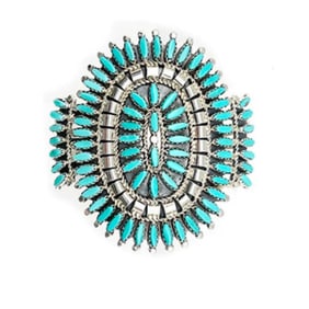 Navajo Turquoise Cluster Cuff Bracelet Sterling Silver Native American Signed