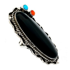 Huge Navajo Ring Onyx Turquoise Sterling Silver Sz 8 Native American S. Yazzie