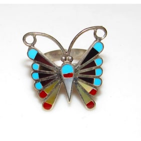 VTG Onyx & Turquoise Butterfly Zuni Sterling Inlay Ring Size 9.5 A Wallace