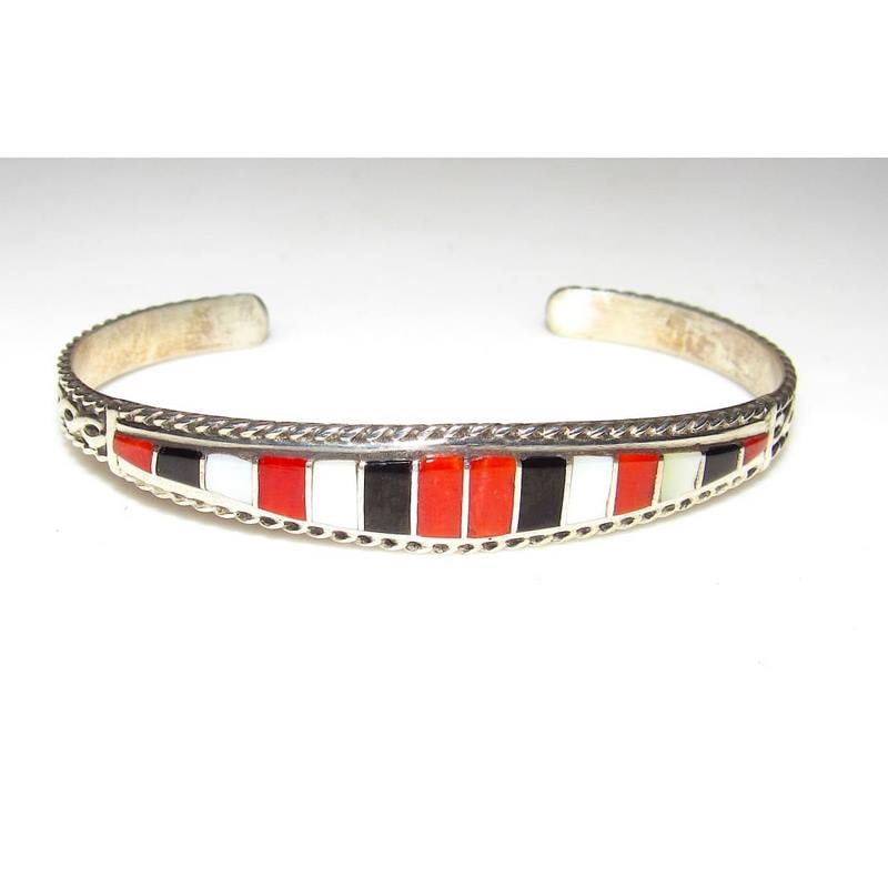 Zuni Inlay Coral Bracelet Sterling Native American D. Luna (1 of 5)