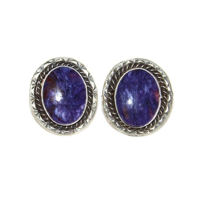 VTG Navajo Purple Charoite Earrings Sterling Silver Post Native American: For your consideration is a pair of these fab vintage Native American Navajo sterling silver and purple charoite post earrings. These fabulous earrings feature a traditional Navajo design accented wit