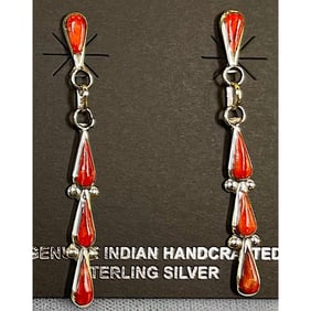 Zuni Red Spiny Oyster Sterling Silver Dangle Statement Earrings A. Gasper