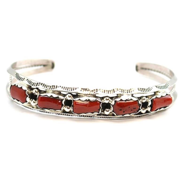 Navajo Mediterranean Coral Stacker Cuff Bracelet Sterling Silver Native American: Stunning sterling silver and gorgeous natural Mediterranean coral Native American Navajo stacker cuff bracelet by the Navajo artist P. Largo. Traditional hand etched design, accented with a gorgeous, 