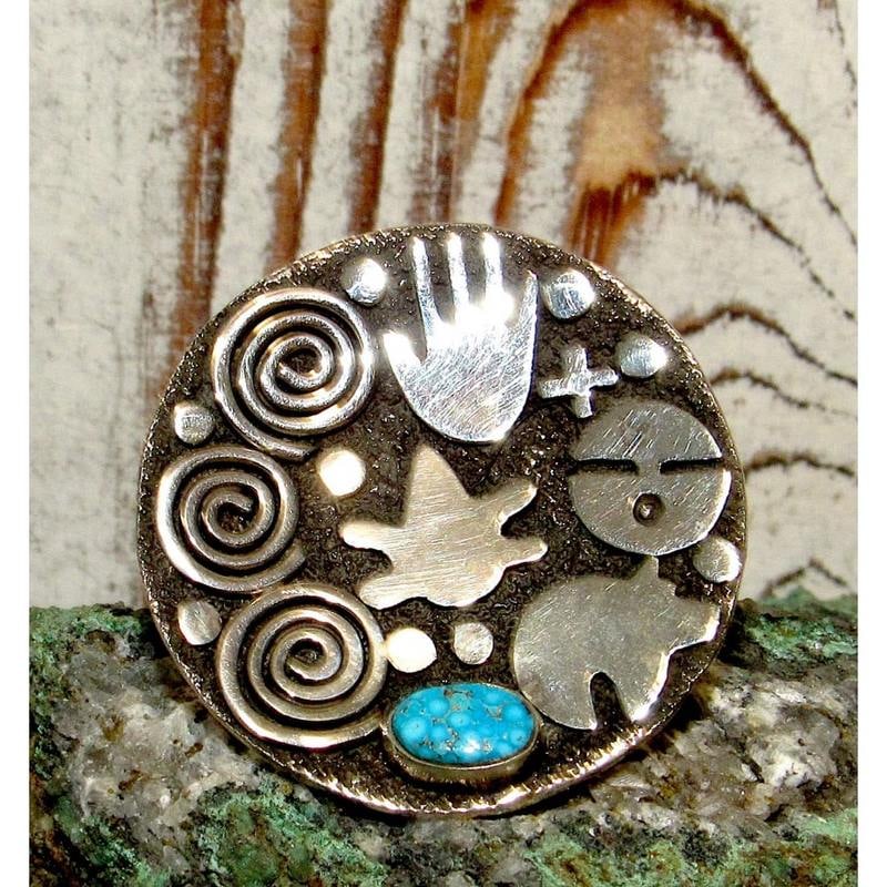 Navajo Alex Sanchez Ring Sz.8.5 Kingman Turquoise Petroglyph Sterling Silver (1 of 6)