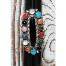 Navajo Onyx Cluster Ring Sz 8 Turquoise Lapos Coral Sterling Silver P. Yazzie