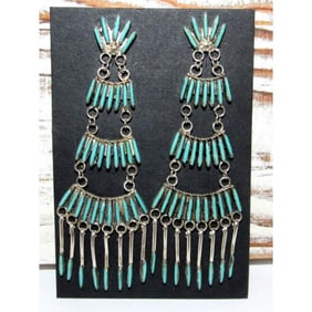 Zuni Needlepoint Turquoise Dangle Statement Earrings Sterling Silver 4"