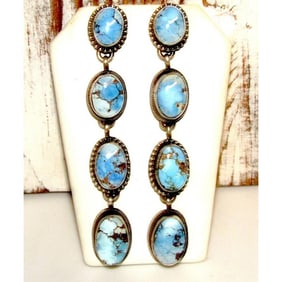 Navajo Golden Hills Turquoise Dangle Earrings Sterling Silver Tom Yazzie 3.5"L