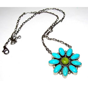 Navajo Sonoran Gold Turquoise Cluster Bar Necklace Sterling Silver B Lee