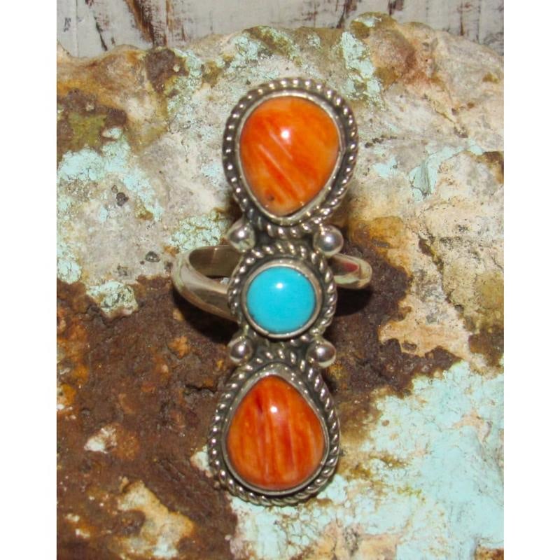 Navajo Orange Spiny Turquoise Ring Sz 7.5 Adjustable M. James (1 of 6)