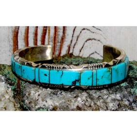 Navajo Turquoise Inlay Cuff Bracelet Sterling Steve Francisco Native American
