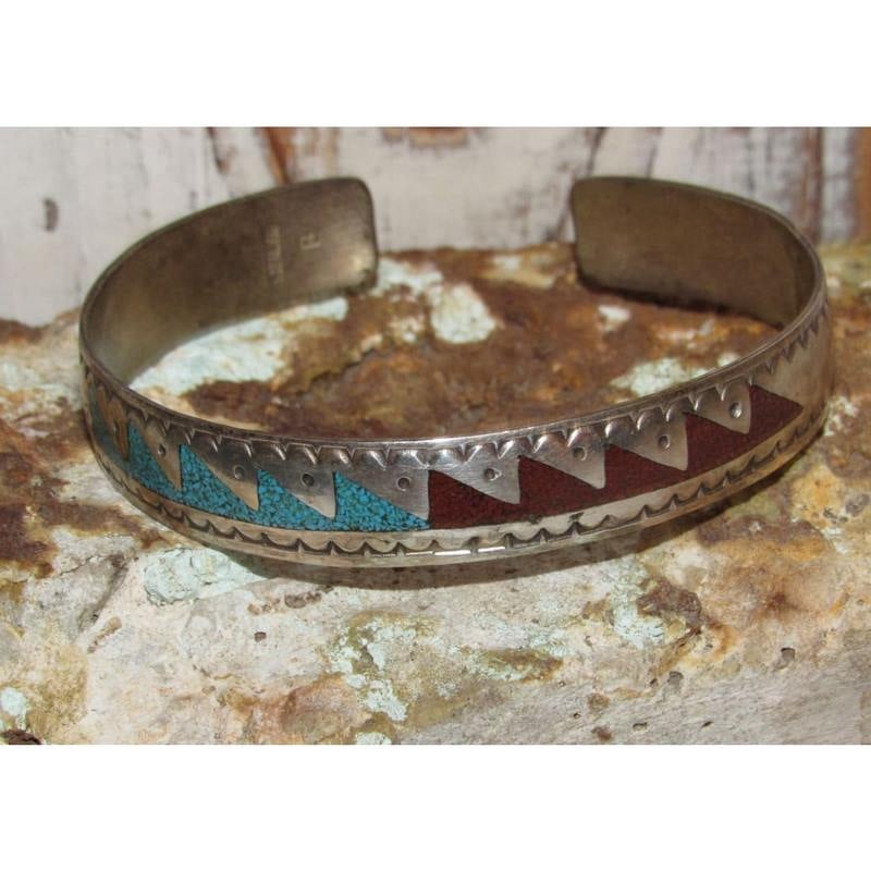 Early Vintage Navajo  Turquoise Coral Inlay Cuff Bracelet Sterling (1 of 3)