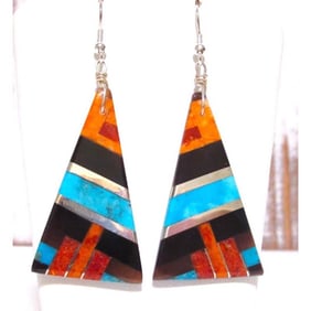 Santo Domingo Spiny Turquoise Jet Inlay Earrings Sterling Silver O Crispin 2"L