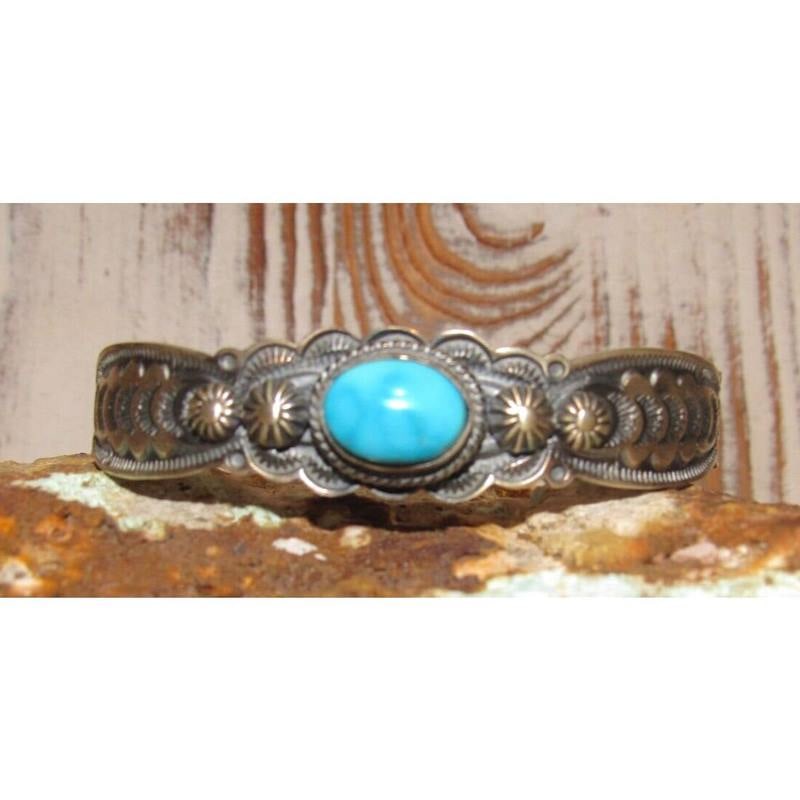 Navajo Blue Royston Turquoise Sterling Stacker Cuff Bracelet Ingot B Ramone (1 of 8)