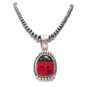 Navajo Lady Bug Inlay Pendant Sterling Turquoise Coral Navajo Pearls P. Yazzie