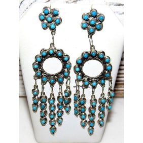 Zuni Needlepoint Turquoise Dangle Statement Earrings Sterling Silver 3"