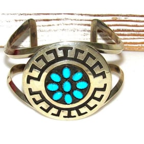 Huge Navajo Turquoise Cluster Bracelet Sterling Rosco Scott 7" Wrist Adjustable