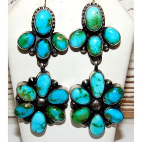 Navajo Sonoran Gold Turquoise Cluster Dangle Statement Earrings Sterling Silver
