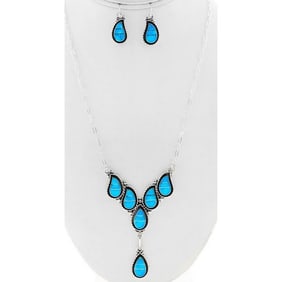 Zuni Turquoise Inlay Necklace and Earrings Set Sterling Silver F Lowsayatee