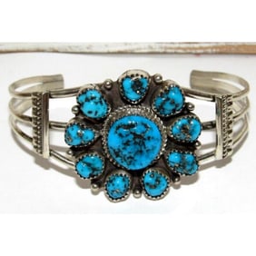 Navajo Kingman Turquoise Cluster Cuff Bracelet Sterling Silver 7.5" Wrist