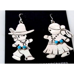 Navajo Men & Woman Dangle Earrings Sterling Silver Turquoise Song Dance Ceremony