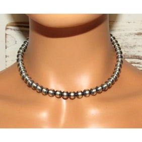 Navajo Pearls Necklace 6mm Sterling Silver Beads Choker Necklace 16"L