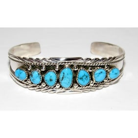 Navajo Kingman Turquoise Cluster Cuff Bracelet A. Chapo Sterling Silver
