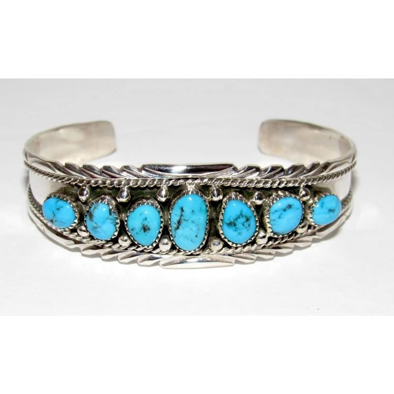 Navajo Kingman Turquoise Cluster Cuff Bracelet A. Chapo Sterling Silver (1 of 7)