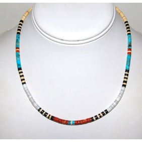 Santo Domingo Rolled Shell Orange Spiny & Turquoise Heishi Choker Necklace 18"L