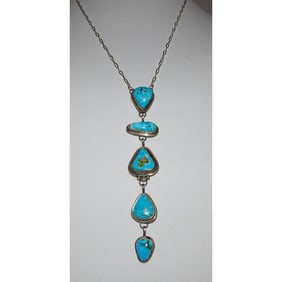 Navajo Blue Royston Turquoise Lariat Necklace Sterling Silver K. Pino
